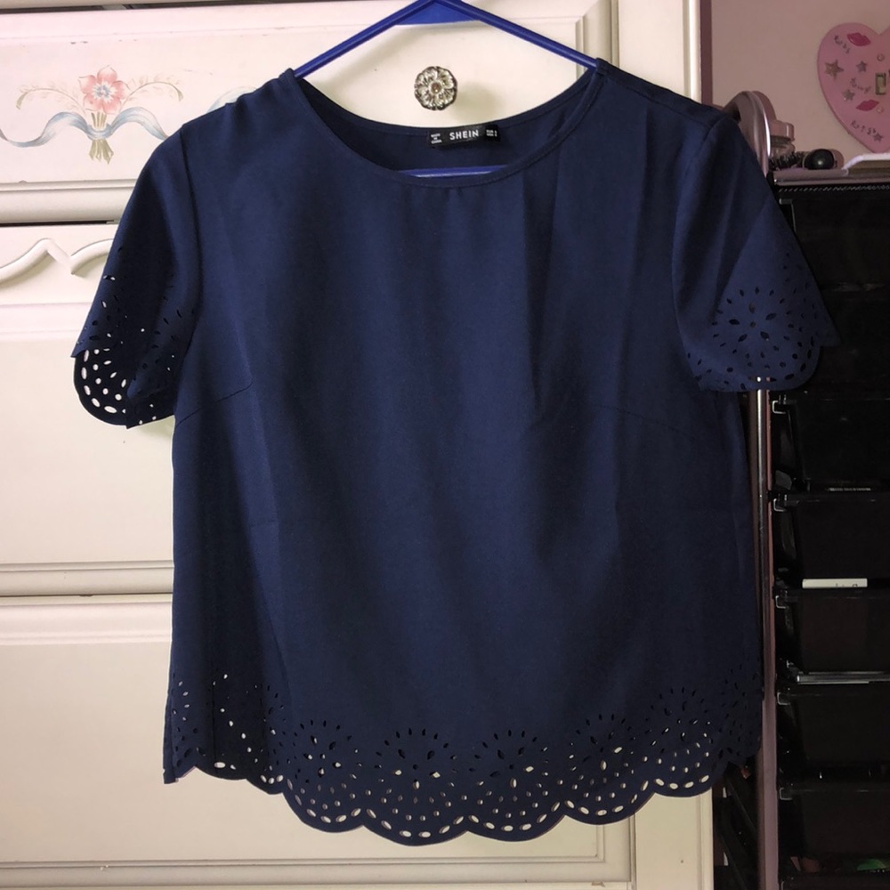 Scalloped navy cut out top